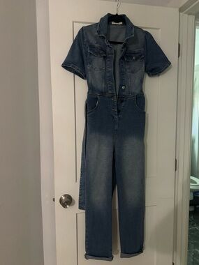 Avec Les Filles Blue Denim Short-Sleeve Jumpsuit